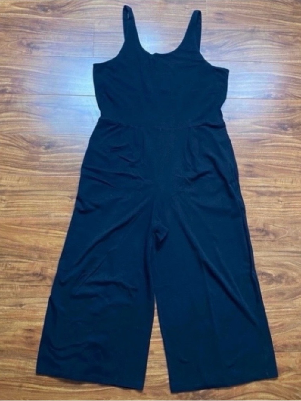 Eileen Fisher Women Black Scoop Neck Tank Soft Stretch Wide Leg Crop Jumpsuit LP